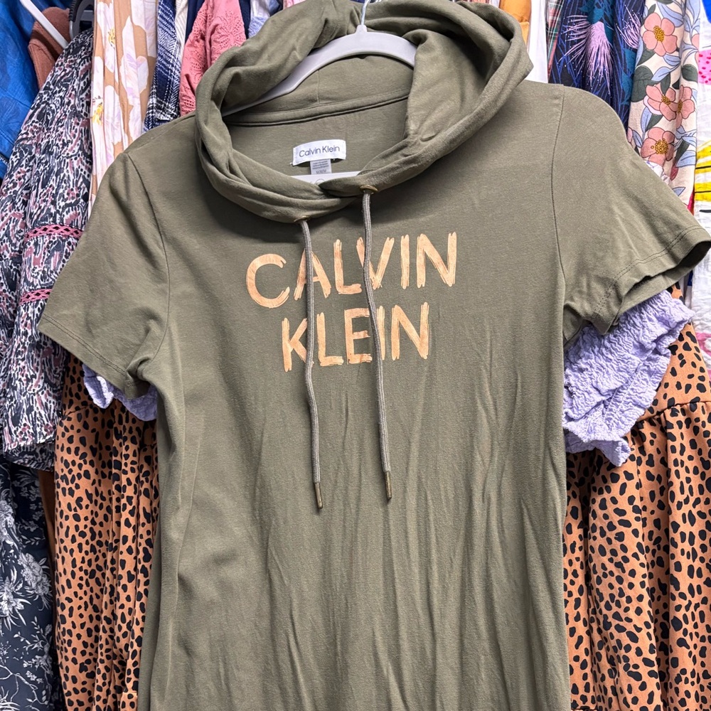 Calvin Klein Olive Green Hooded Tee with Peach Logo
